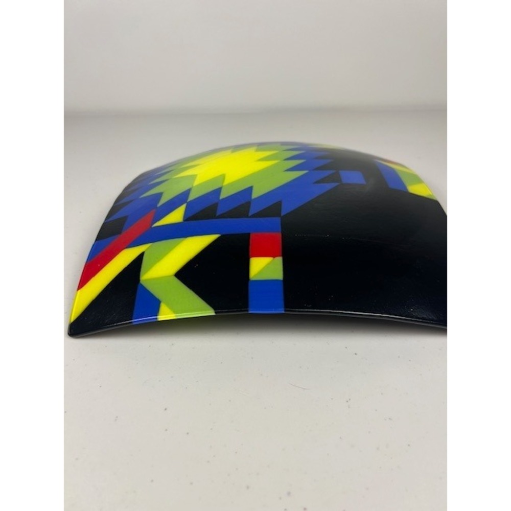 Handcrafted Fused Glass Square Console Abstract Geometric Black Blue Yellow 12in - Picture 9 of 10